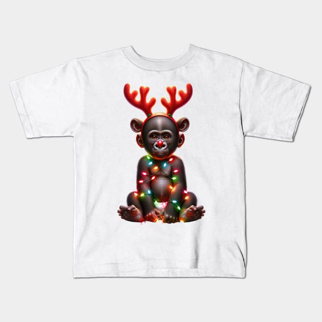 Christmas Red Nose Monkey Kids T-Shirt by Chromatic Fusion Studio